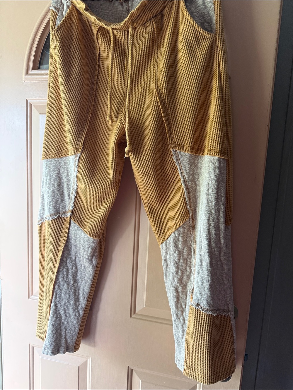 Women pol Mustard & Cream Patchwork Waffle Jogger Pants